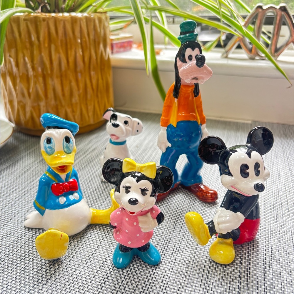 Vintage Disney Colorful Character Figurine Set including Mickey, Minnie, Goofy